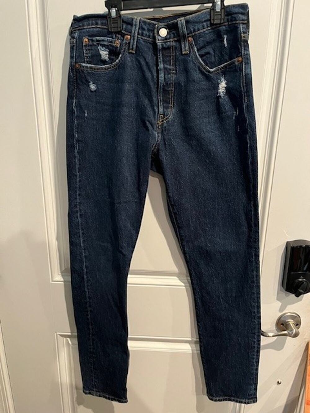 Levi’s Premium 501 Skinny Dark Wash Distressed Button Fly Denim Jeans 28 x 30